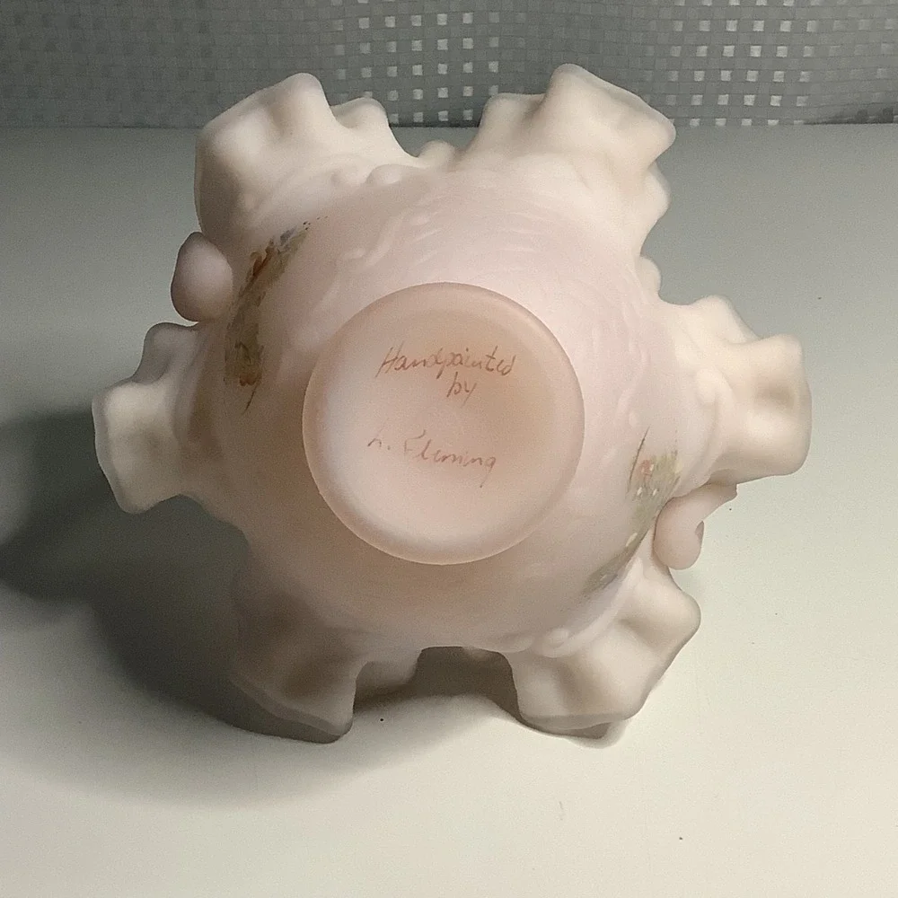 Fenton Pink Satin Glass Basket Ruffle Hearts & Flowers Hand Painted w/ Signature